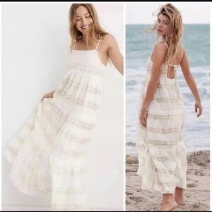 Aerie Maxi Sun‎ Dress Tiered S White Nude Tie Dye  Cotton Lined Vacation Coastal